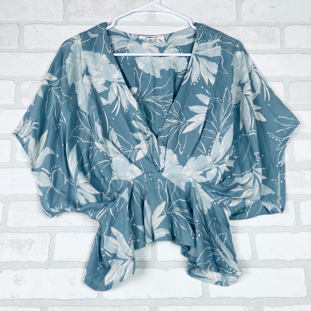ONeill Womens XS Blue Tropical Floral Surplice V-Neck Dolman Sleeve Peplum Top